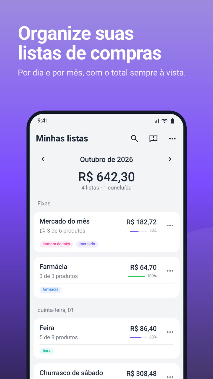 Tela inicial com as listas do mês agrupadas por dia, listas fixas e o total do mês