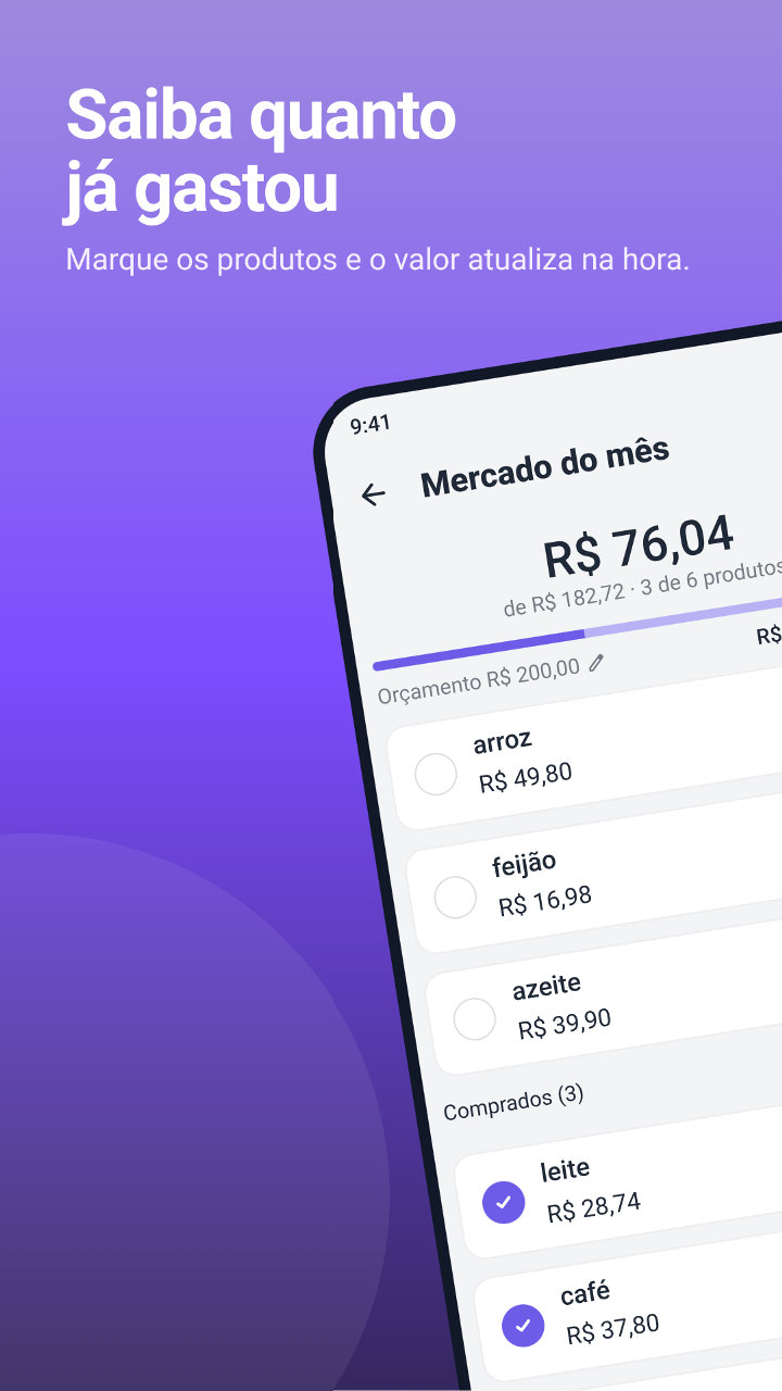 Lista do mercado mostrando quanto já foi gasto e os produtos comprados